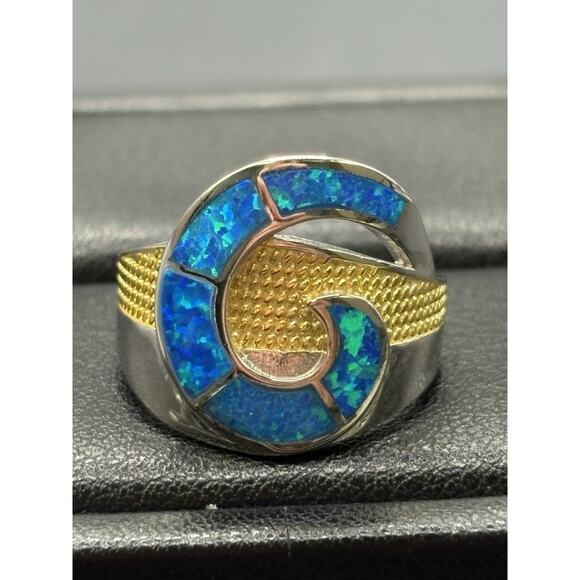 New Condition Two Tone Lab Blue Opal Ring Size 7 - Picture 7 of 11